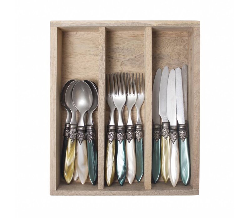 Murano Besteckset (18-teilig) – Für 6 Personen – 'Forest Mix' in Holzbox | Ideal für Dessert, Frühstück oder Vorspeisen – Elegantes Italienisches Design