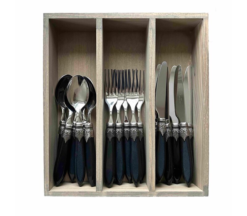 Murano Ontbijt- & Dessertbestek (18-delig) – Voor 6 Personen – Zwart in Houten Kist | Bestekset voor Ontbijt, Dessert of Voorgerecht