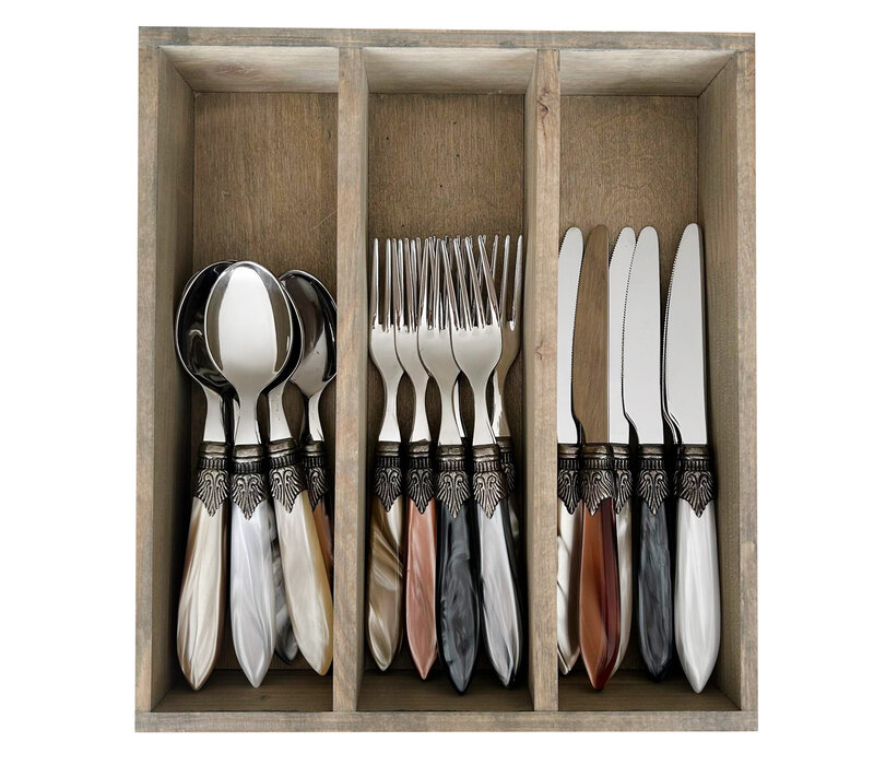 Murano Ontbijt- & Dessertbestek (18-delig) – Voor 6 Personen – 'Aarde Mix' in Houten Kist | Bestekset voor Ontbijt, Dessert of Voorgerecht