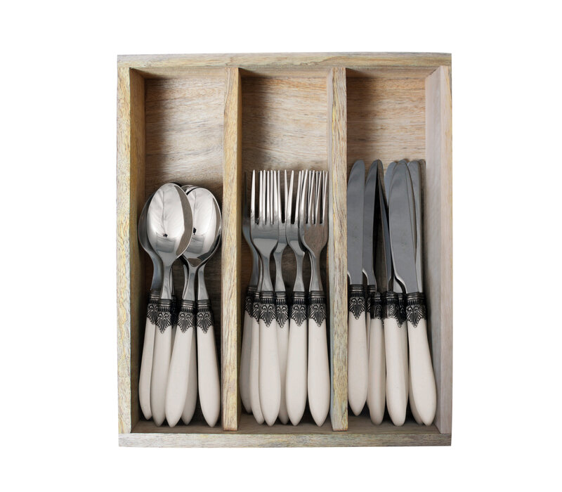 Murano Set de Couverts (18 pièces) – Pour 6 personnes – Ivoire Mat dans un coffret en bois | Idéal pour le Dessert, le Petit Déjeuner ou l’Entrée – Design Italien Élégant