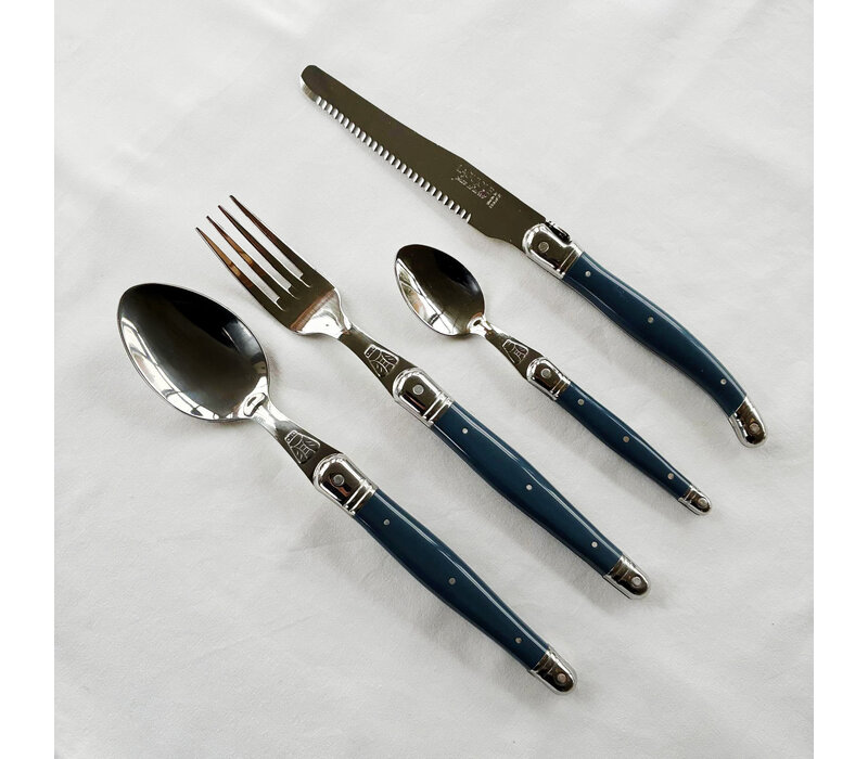 Laguiole Classic Couverts de table (24 pièces) – Pour 6 personnes – "Bleu Acier" dans un coffret en bois | Design Française