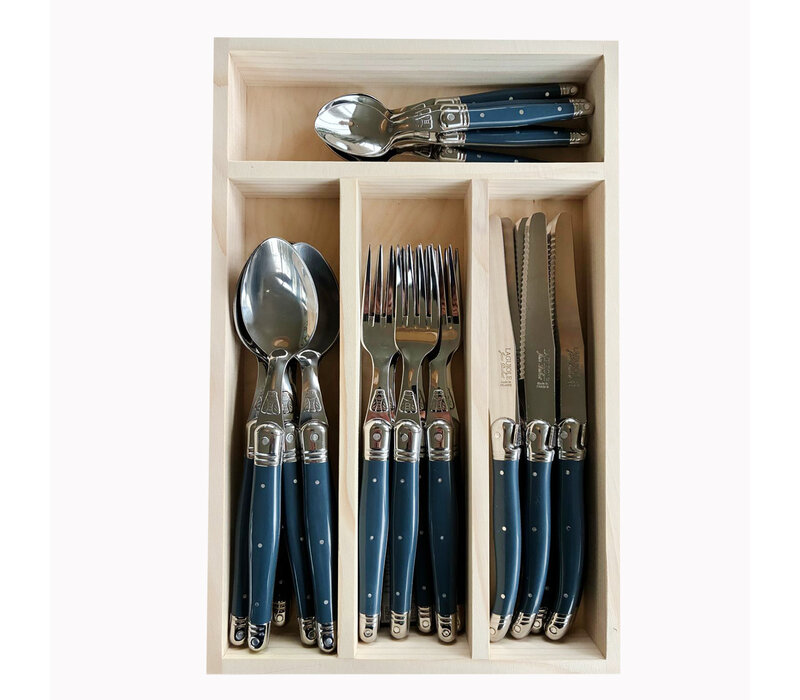 Laguiole Classic Couverts de table (24 pièces) – Pour 6 personnes – "Bleu Acier" dans un coffret en bois | Design Française
