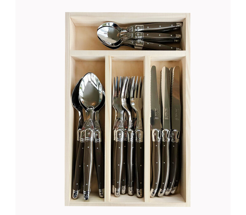 Laguiole Classic Dinner Cutlery (24-piece) – For 6 People – 'Mocha Brown' in Wooden Box | French Design
