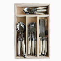 Laguiole Classic Tafelbesteck (24-teilig) – Für 6 Personen – 'Elfenbeinfarbe' in Holzbox | Französisches Design