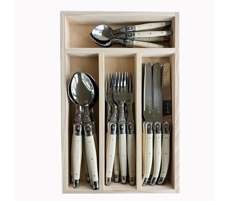 Laguiole Classic Dinner Cutlery (24-piece) – For 6 People – 'Ivory' in Wooden Box | French Design