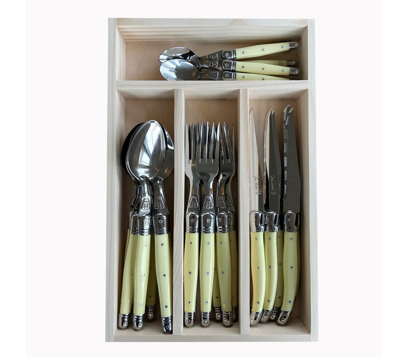 Laguiole Classic Steak Bestek (24-delig) – Voor 6 Personen – 'Boter Geel' in Houten Kist | Frans Design