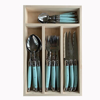 Laguiole Classic Steak Besteck (24-teilig) – Für 6 Personen – 'Lagunen Blau' in Holzbox | Französisches Design