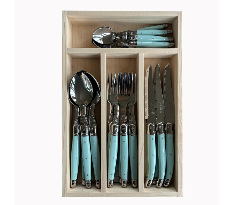 Laguiole Classic Steak Bestek (24-delig) – Voor 6 Personen – 'Lagune Blauw' in Houten Kist | Frans Design