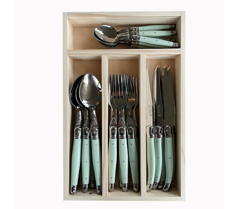 Laguiole Classic Steak Bestek (24-delig) – Voor 6 Personen – 'Mint Groen' in Houten Kist | Frans Design
