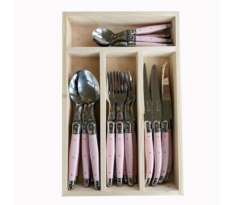 Laguiole Classic Couverts Steak (24 Pièces) – Pour 6 personnes – 'Rose Pastel' dans un coffret en bois | Design Française