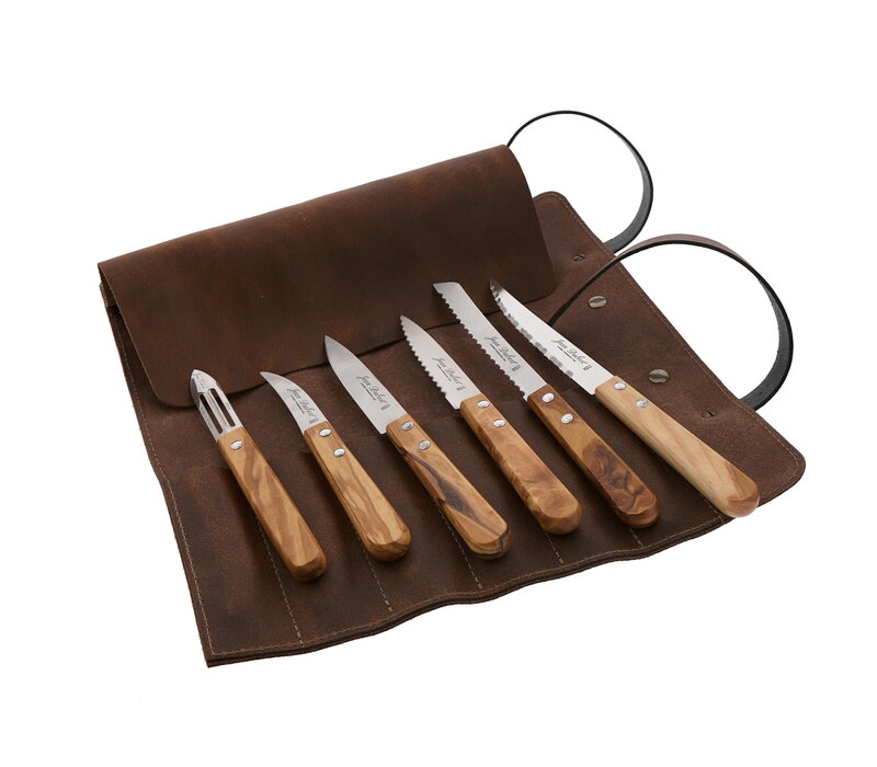 SL2611 Jean Dubost 6 Kitchen Knives Oak in Leather Case