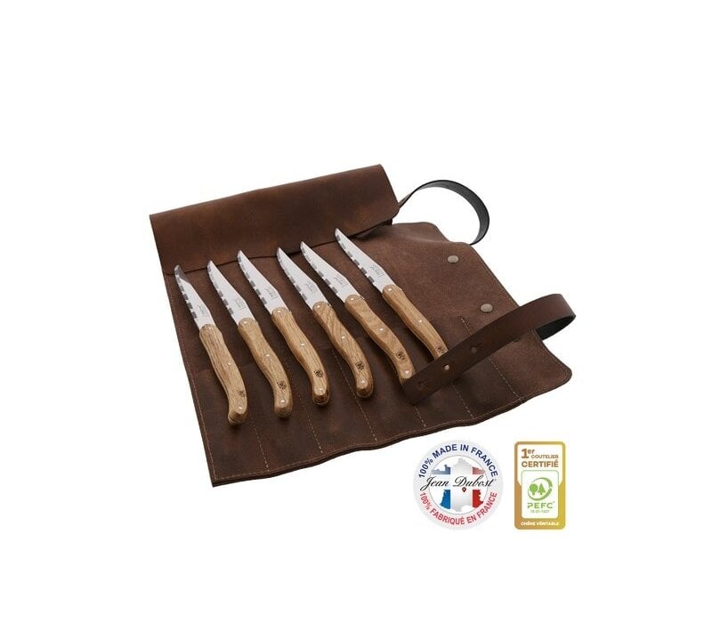 SL2612 Jean Dubost 6 Seakmessen eikenhout in leren etui