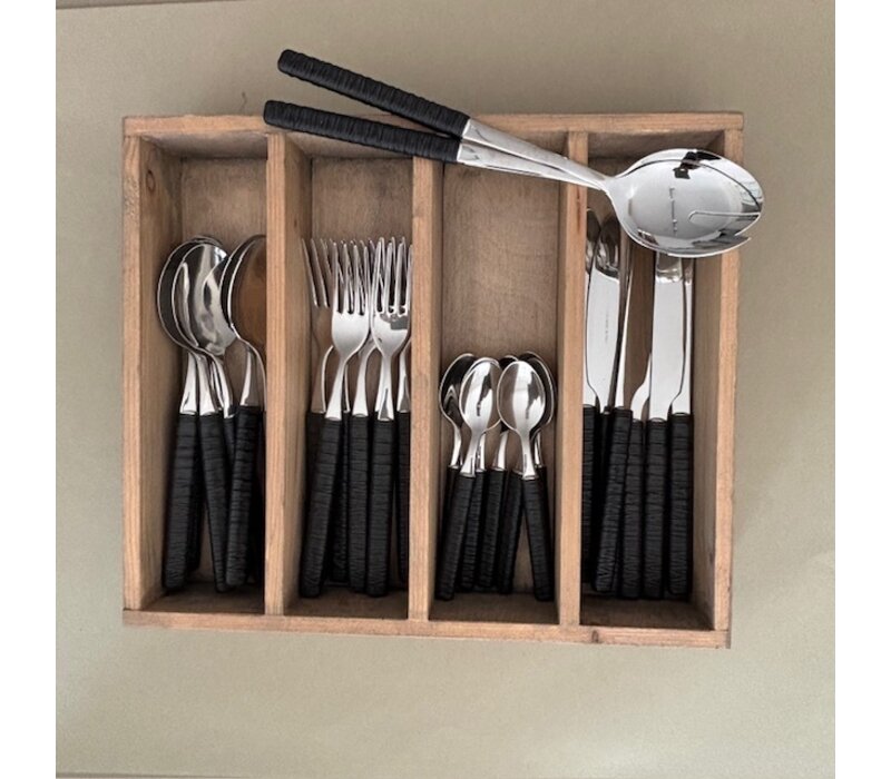 Java 24-piece Dinner cutlery set with salad cutlery in wooden box, Black