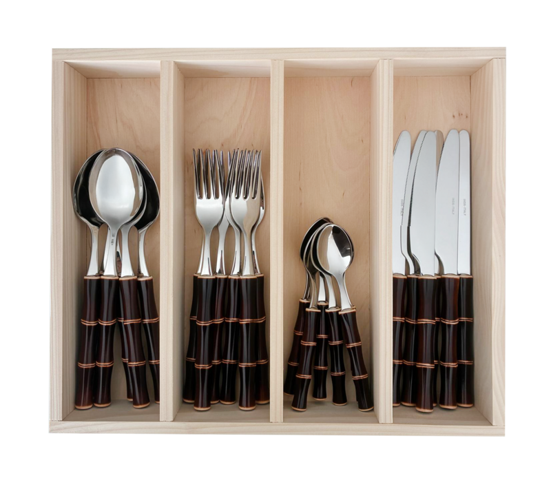 Ensemble de Couverts 24 pièces – Design Bambou Marron Foncé – Plastique Résistant