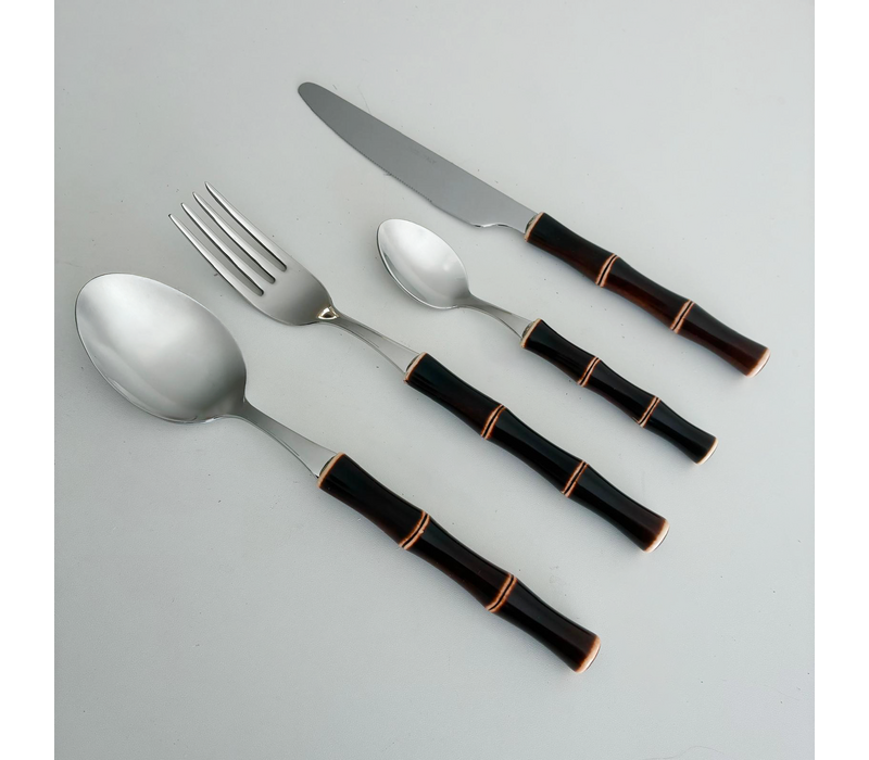Ensemble de Couverts 24 pièces – Design Bambou Marron Foncé – Plastique Résistant