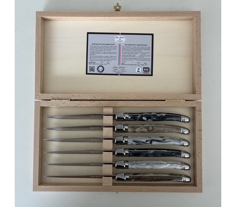 Laguiole 6 Classic Steak knives Marble Mix in Wooden Box