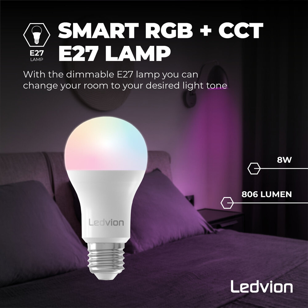 Ledvion Smart RGB+CCT E27 LED Lampe - Wifi - Dimmbar - 8W