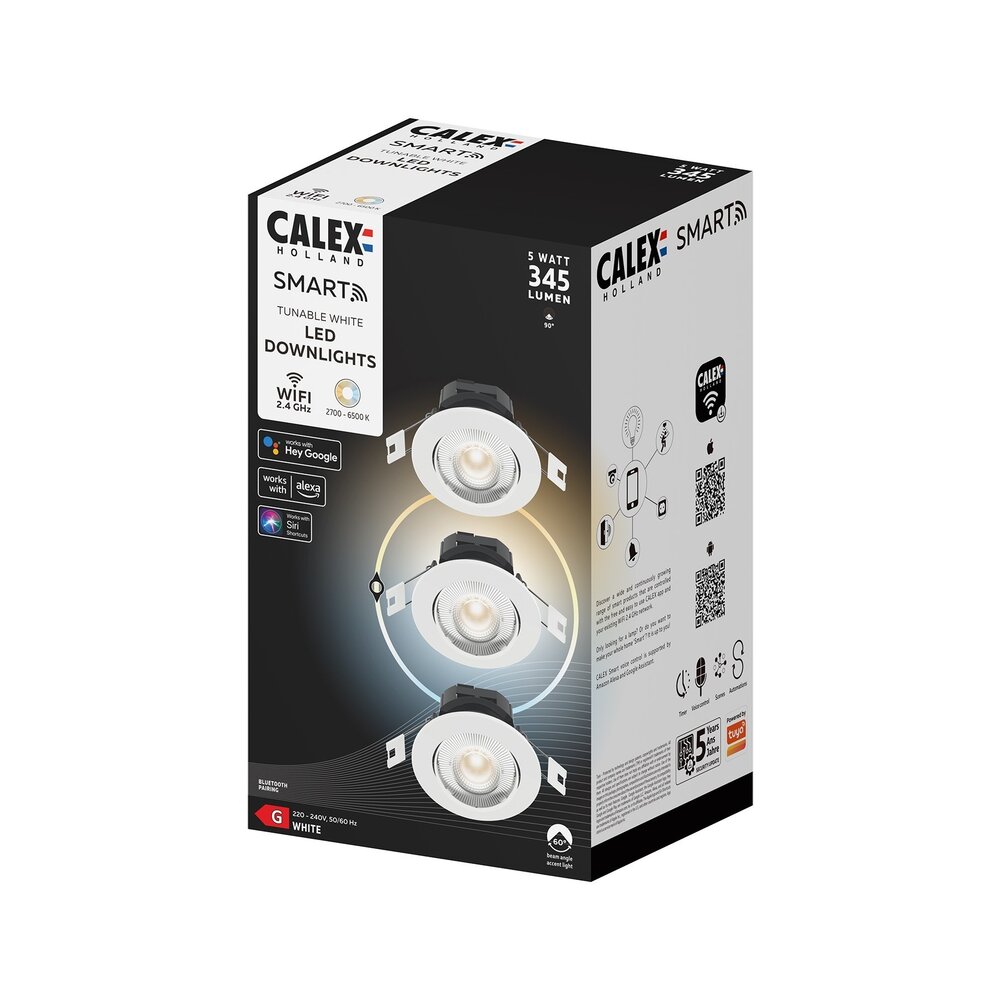 Calex Calex Smart LED Einbaustrahler 5W - CCT - 345 Lumen - Ø85 mm - Weiß - 3 Pack