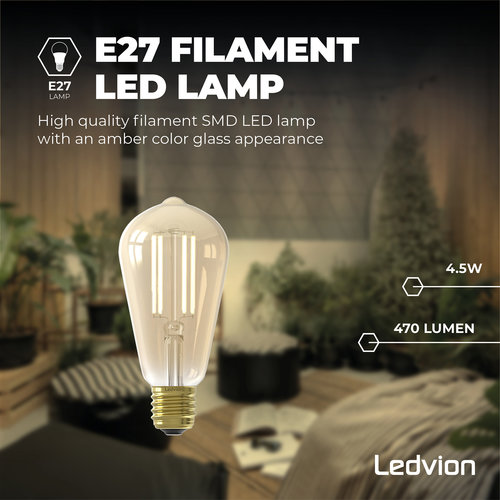 Ledvion Ledvion Dimmbare E27 LED Lampe Filament - 4.5W - 2100K - 470 Lumen
