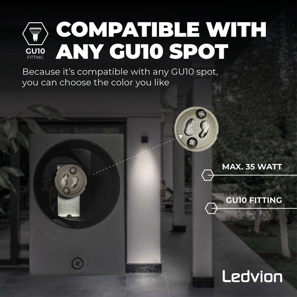 Ledvion LED Wandleuchte - Dimmbar - IP54 - GU10 Fassung - Schwarz  - Innen- und Außenbereich