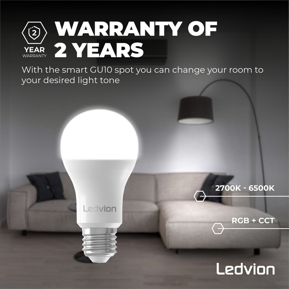 Ledvion Smart RGB+CCT E27 LED Lampe - Wifi - Dimmbar - 8W