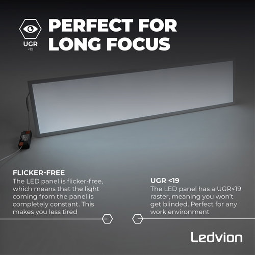 Ledvion Samsung LED Panel 120x30 - 36W - 125 lm/W - UGR <19 - 6500K - 5 Jahre Garantie