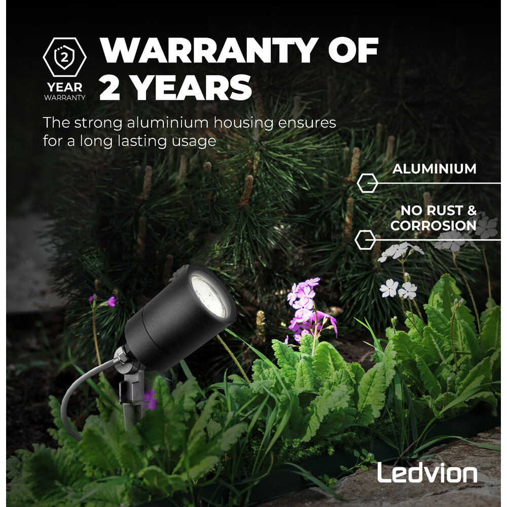 Ledvion LED Gartenstrahler Aluminium - IP65 - GU10 Fassung - 2M Kabel - Schwarz