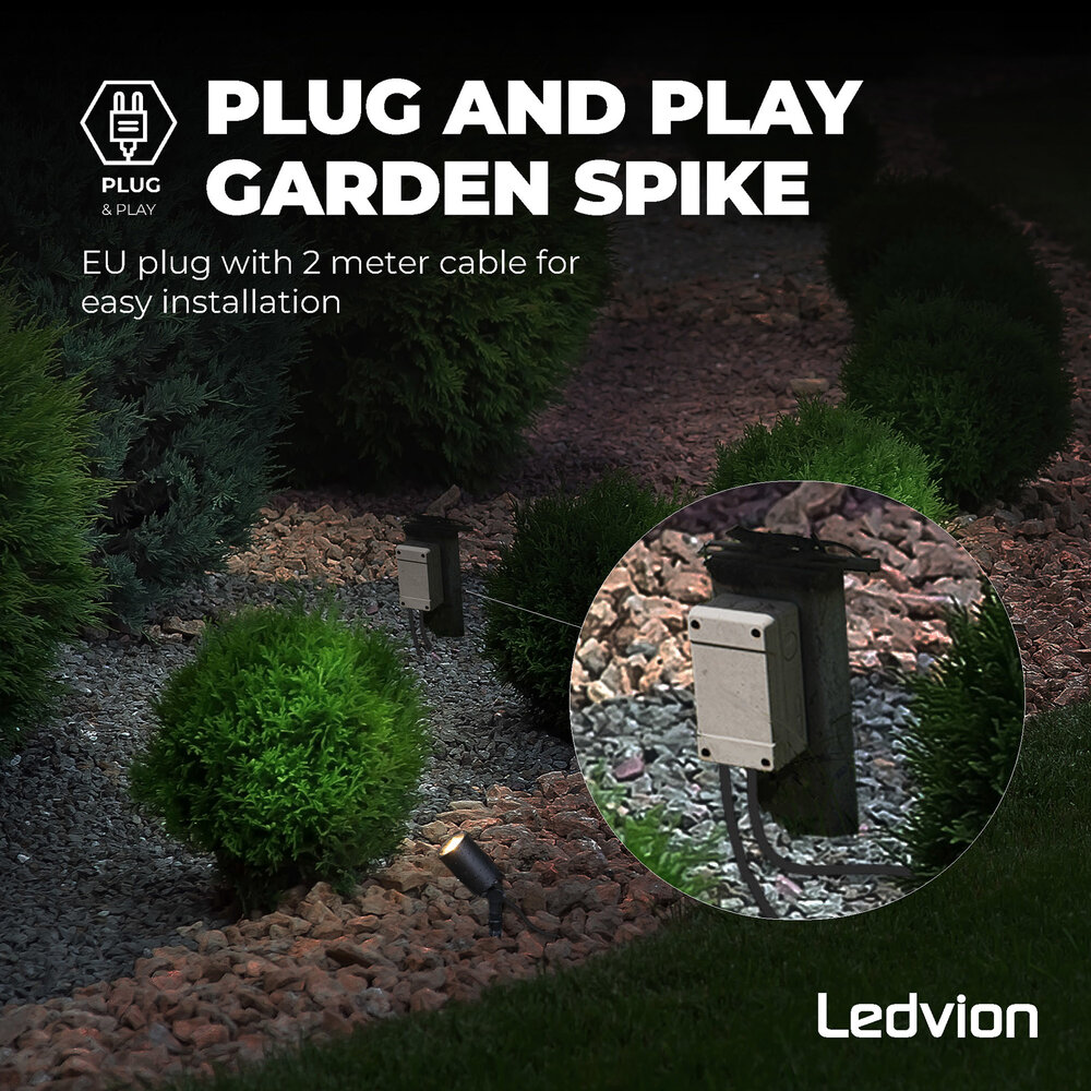 Ledvion LED Gartenstrahler Aluminium - IP65 - GU10 Fassung - 2M Kabel - Schwarz