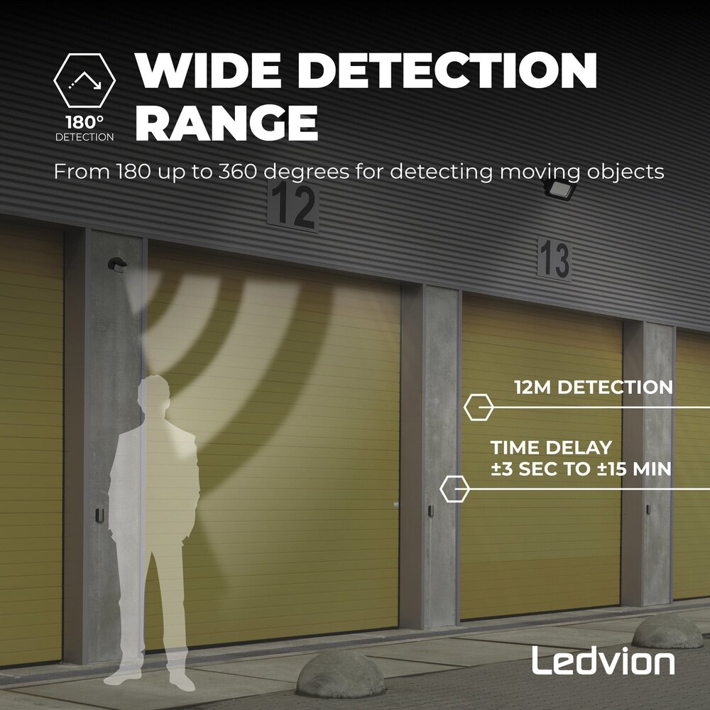 Ledvion Schwarzer Aufbau Bewegungssensor 180° mit Dämmerungsschalter 12M Reichweite Max. 600W IP65