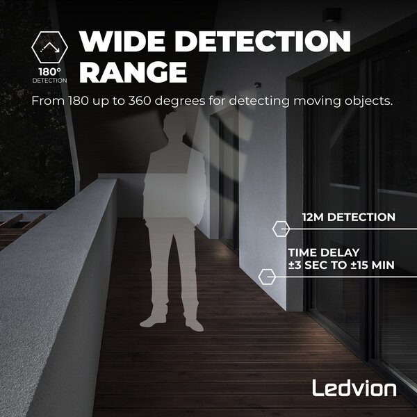 Ledvion Schwarzer Aufbau Bewegungssensor 180° mit Dämmerungsschalter 12M Reichweite Max. 400W