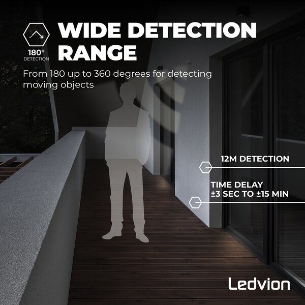 Ledvion Weißer Aufbau Bewegungssensor 180° mit Dämmerungsschalter 12M Reichweite Max. 400W