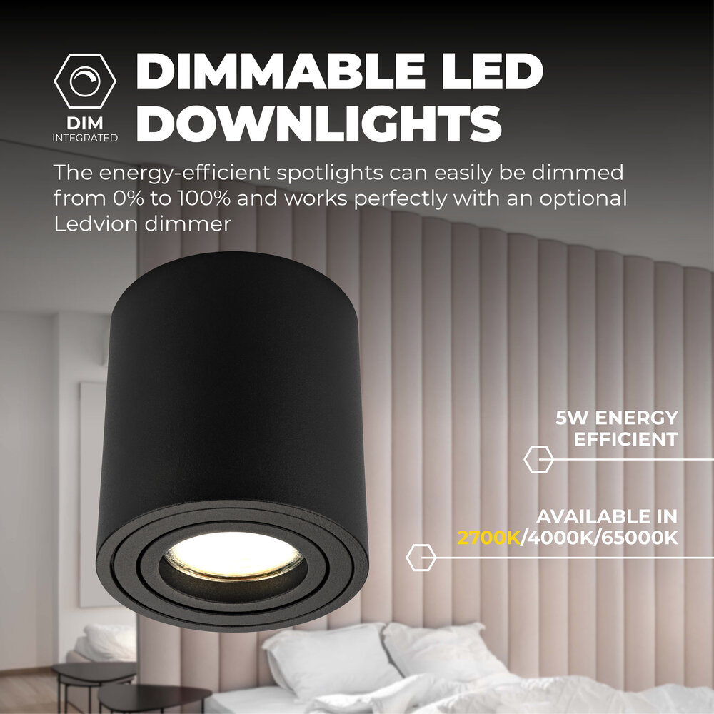 Ledvion Dimmbare LED Aufbaustrahle - Rund - Schwarz - 3W - 2700K - Kippbar - IP20