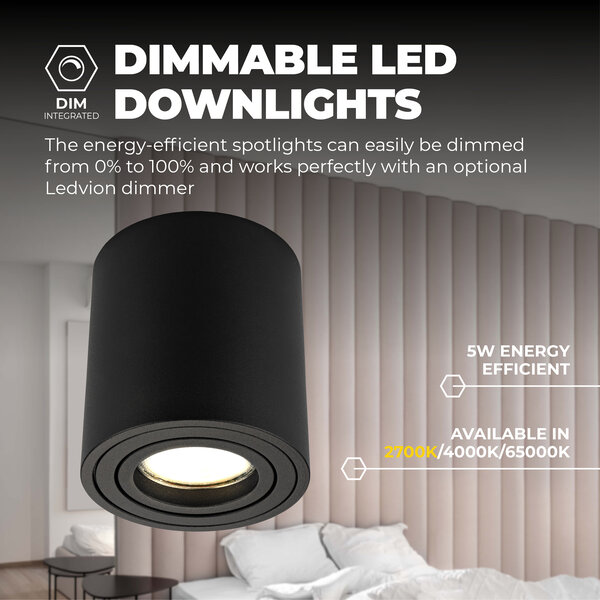 Ledvion Dimmbare LED Aufbaustrahle - Rund - Schwarz - 3W - 2700K - Kippbar - IP20
