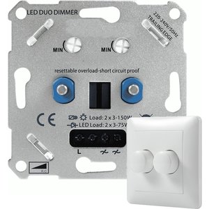 Beleuchtungonline LED Doppeldimmer 2x 3-75 Watt - 220-240V - Phasenabschnittdimmer - Komplett LED Doppeldimmer 2x 3-75 Watt - 220-240V - Phasenabschnittdimmer - Komplett