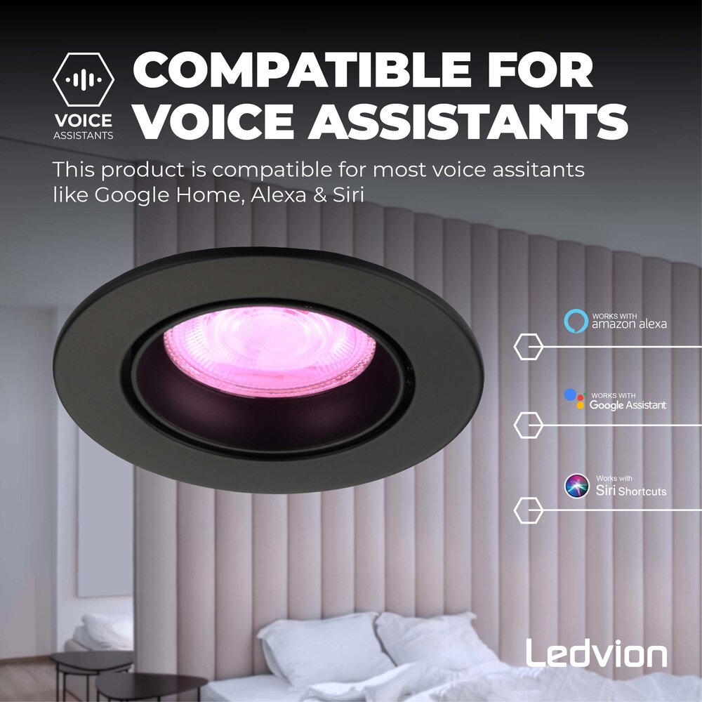 Ledvion Smart LED Einbaustrahler Schwarz - Rio - Smart WiFi - Dimmbar - RGB+CCT