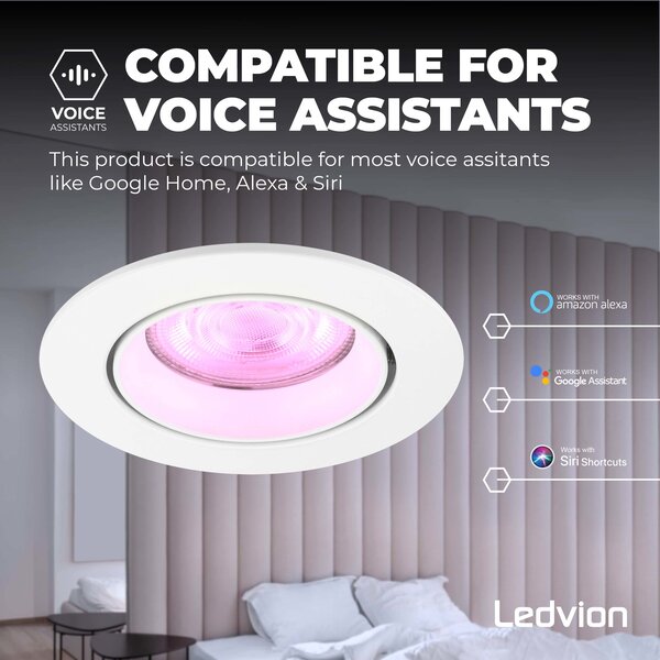 Ledvion Smart LED Einbaustrahler Weiß - Rio - Smart WiFi - Dimmbar - RGB+CCT - 6 Pack