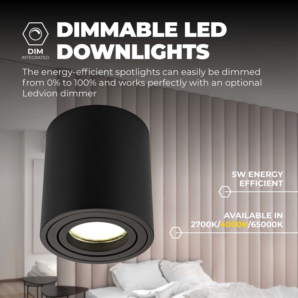 Ledvion Dimmbare LED Aufbaustrahle - Rund - Schwarz - 5W - 4000K - Kippbar - IP20