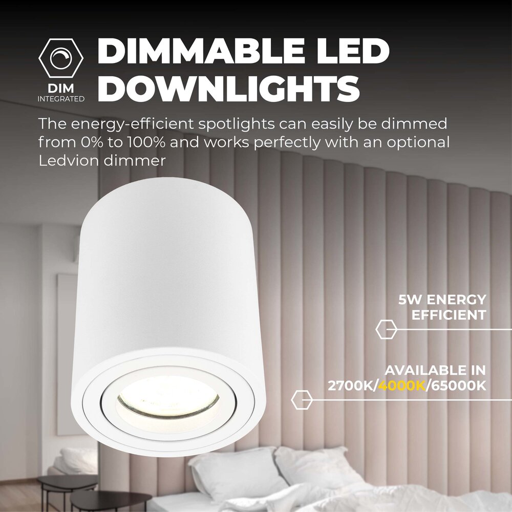 Ledvion Dimmbare LED Aufbaustrahle - Rund - Weiß - 5W - 4000K - Kippbar - IP20