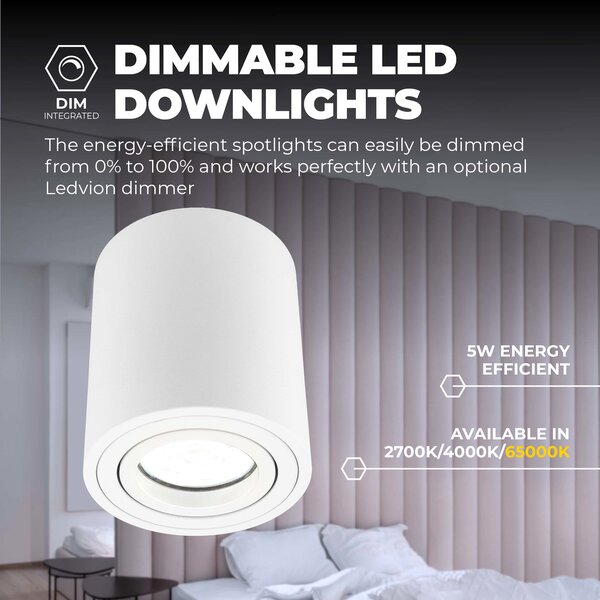 Ledvion Dimmbare LED Aufbaustrahle - Rund - Weiß - 5W - 6500K - Kippbar - IP20