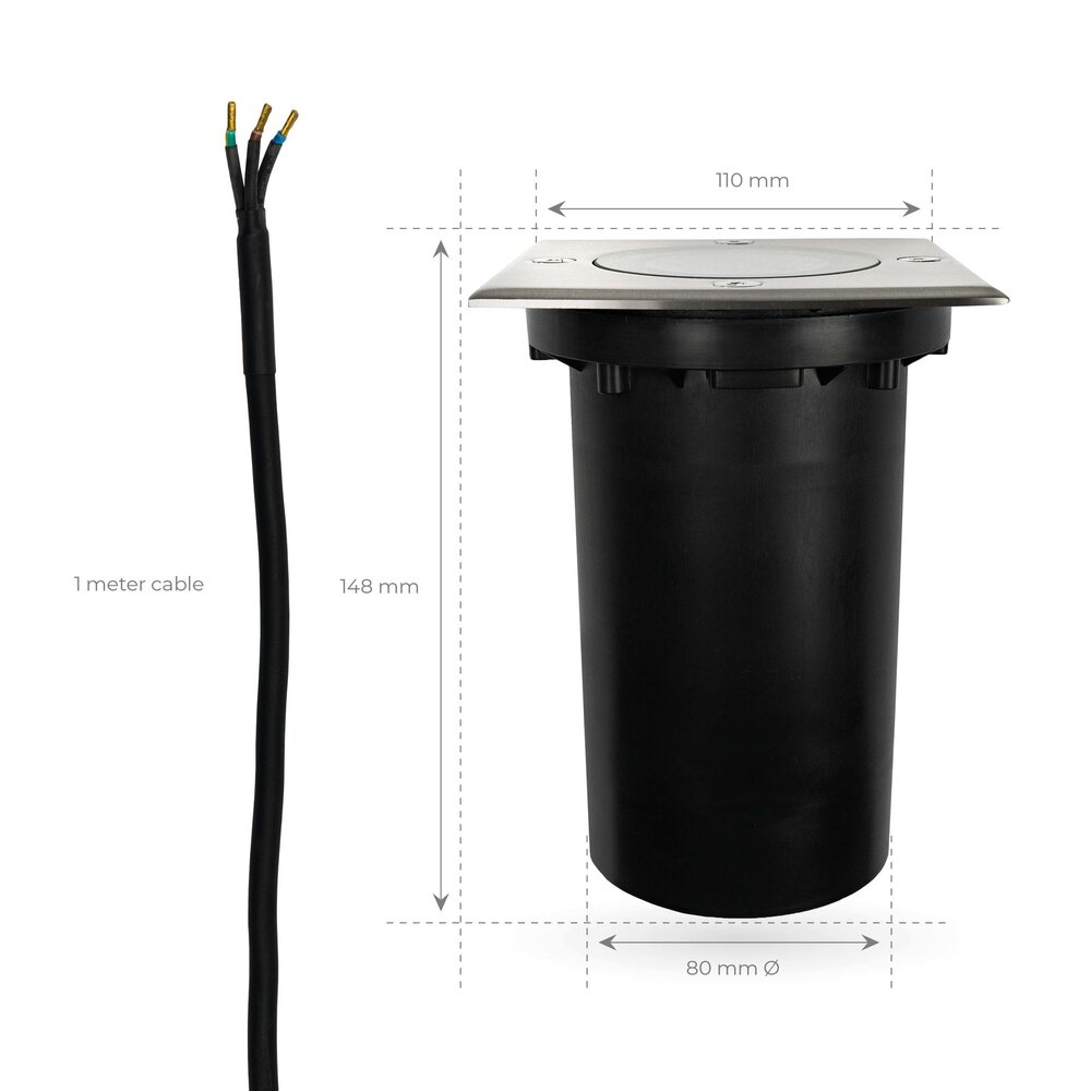 Ledvion LED Bodeneinbaustrahler Quadrat - IP67 - 3W - 2700K - 1m Kabel