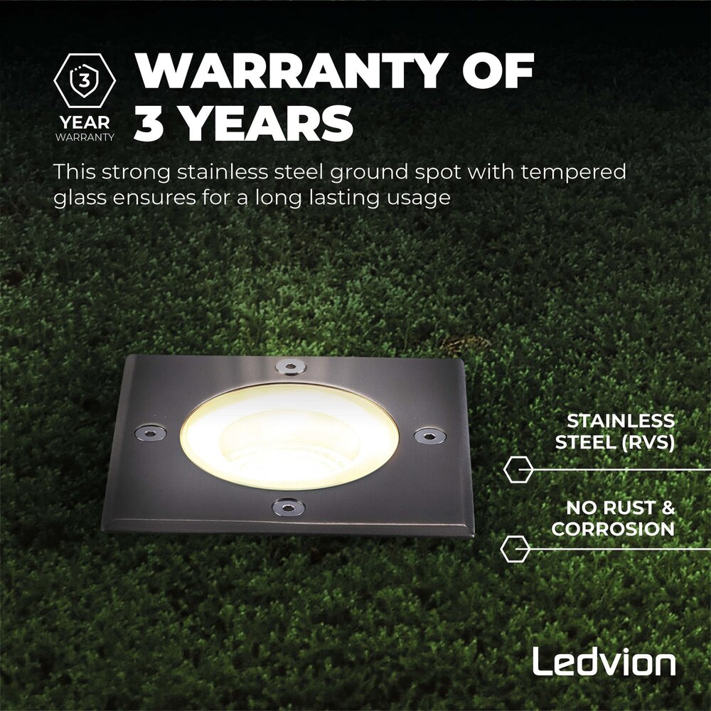 Ledvion 3x LED Bodeneinbaustrahler Quadrat - IP67 - 3W - 2700K - 1m Kabel