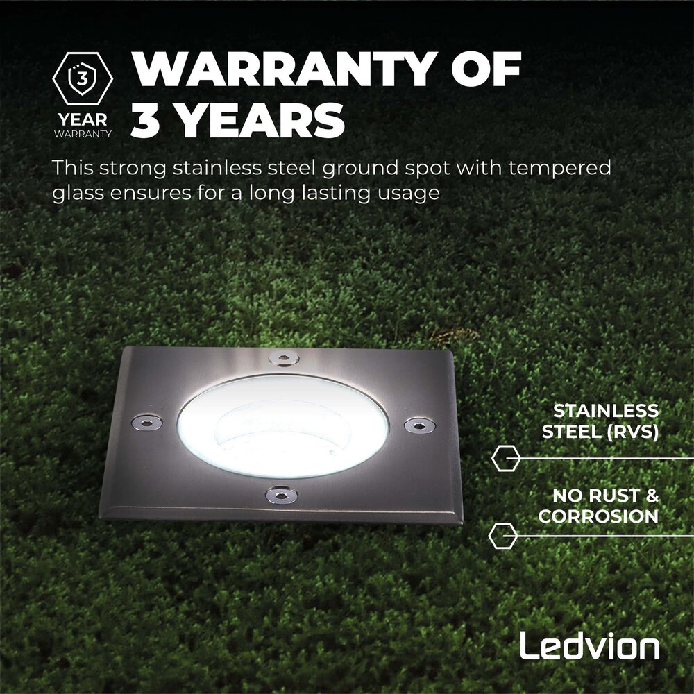 Ledvion 3x LED Bodeneinbaustrahler Quadrat - IP67 - 3W - 6500K - 1m Kabel
