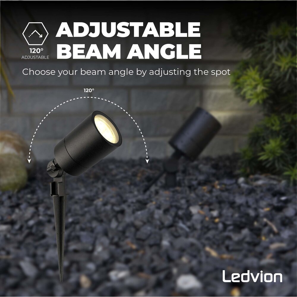 Ledvion 6x LED Gartenstrahler Aluminium - IP65 - GU10 Fassung - 2M Kabel - Schwarz