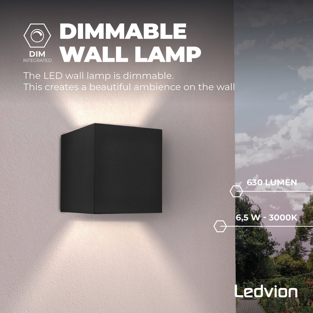 Ledvion LED Wandleuchte - Dimmbar - IP54 - 6W - 3000K - Schwarz  - Innen- und Außenbereich