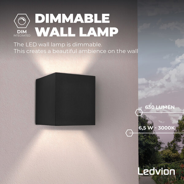 Ledvion LED Wandleuchte - Dimmbar - IP54 - 6W - 3000K - Schwarz  - Innen- und Außenbereich