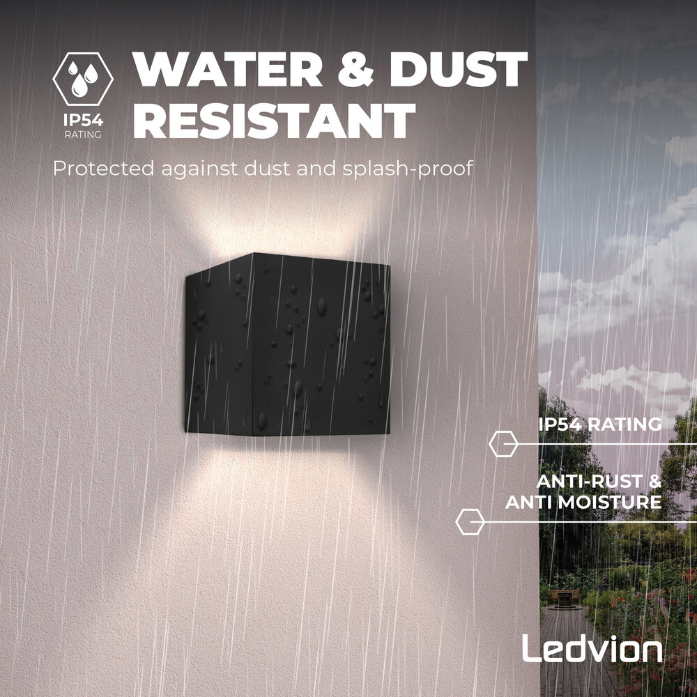 Ledvion LED Wandleuchte - Dimmbar - IP54 - 6W - 3000K - Schwarz  - Innen- und Außenbereich