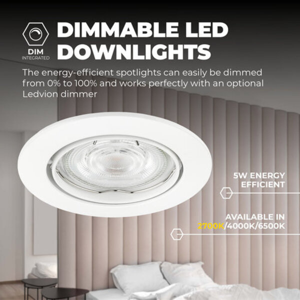 Ledvion Dimmbare LED Einbaustrahler Weiß - Amsterdam - 5W - 2700K - ø82mm