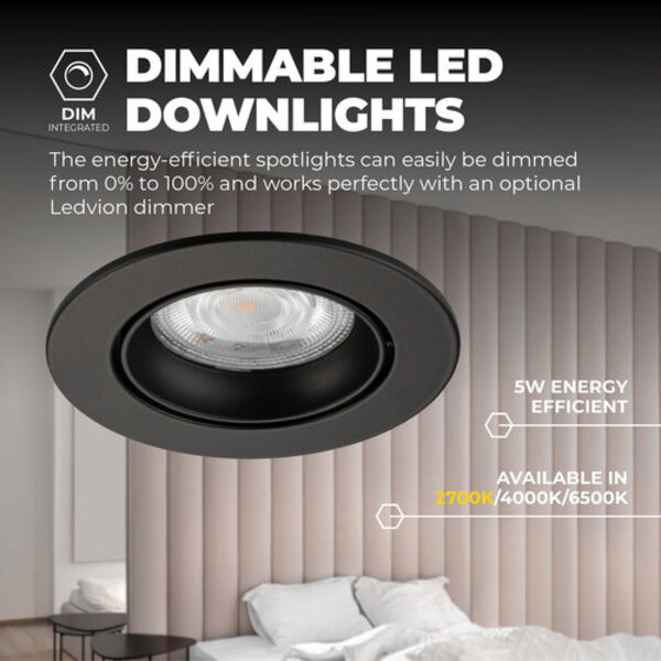Ledvion Dimmbare LED Einbaustrahler Schwarz - Rio - 3W - 2700K - ø85mm - 3 Pack
