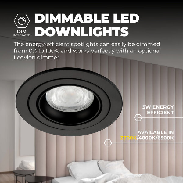 Ledvion Dimmbare LED Einbaustrahler Schwarz - Tokyo - 5W - 2700K - ø92mm - 6 Pack