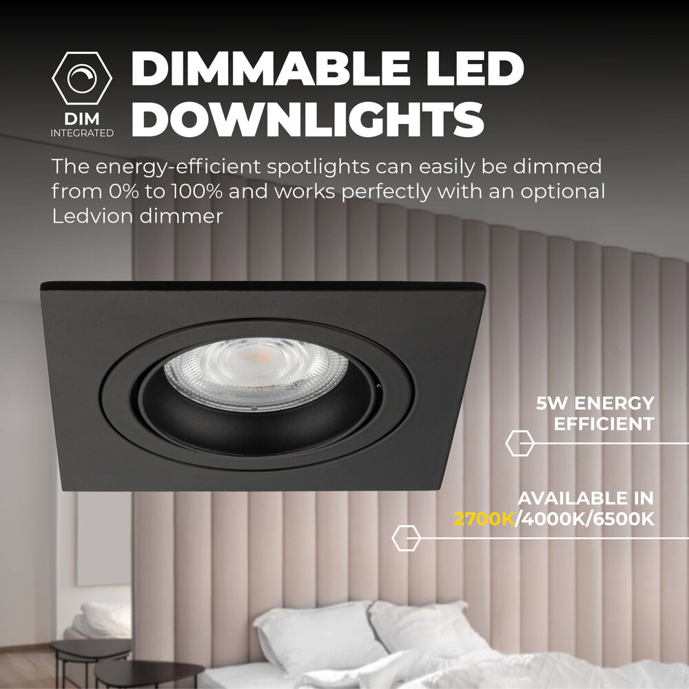 Ledvion Dimmbare LED Einbaustrahler Schwarz - Sevilla - 3W - 2700K - 92mm - Quadrat - 3 Pack